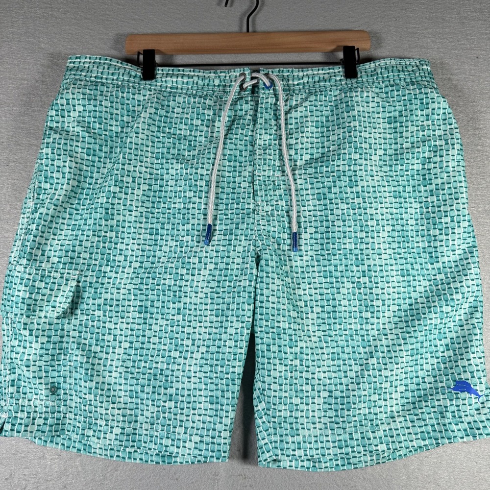 Tommy Bahama Mens XXL Teal Geometric Print Swim Trunks Cargo Pocket Mesh‎ Lining